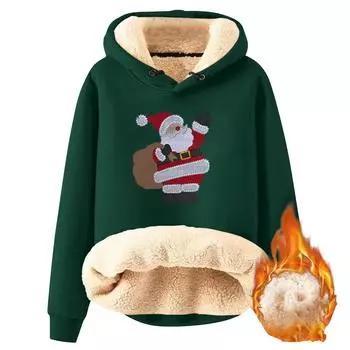Женский модный флисовый теплый свободный свитер с капюшоном и рождественским принтом L армия зеленый