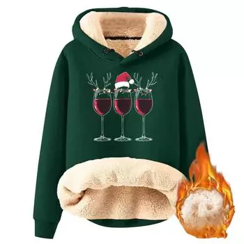 Женский модный флисовый теплый свободный свитер с капюшоном и рождественским принтом L армия зеленый