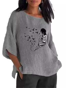 Женский модный хлопковый льняной топ с длинным рукавом 3/4, большие размеры, блузки с круглым вырезом, женские повседневные свободные топы с принтом S розовый