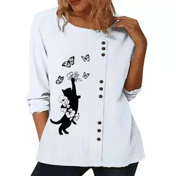 Женский модный хлопковый топ со стильным принтом, круглым вырезом и длинными рукавами S