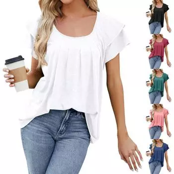 Женский модный и элегантный дизайн, однотонный топ с круглым вырезом, плиссированный двухслойный топ с короткими рукавами и рукавами-лепестками L армия зеленый