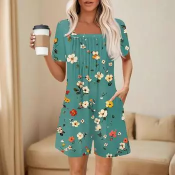 Женский модный и повседневный комбинезон с короткими рукавами и карманами, принтованный комбинезон-шорты XXL зелёный