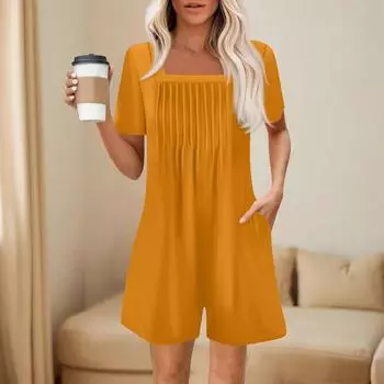 Женский модный и повседневный комбинезон с короткими рукавами и карманами, принтованный комбинезон-шорты XL жёлтый