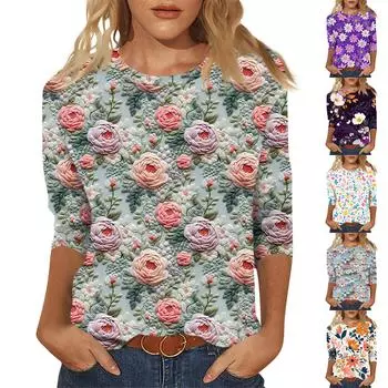 Женский модный и повседневный пуловер с рукавом семь четвертей и цветочным принтом L циан