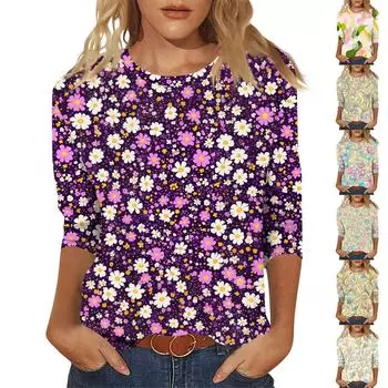 Женский модный и повседневный пуловер с рукавом семь четвертей и цветочным принтом L бежевый