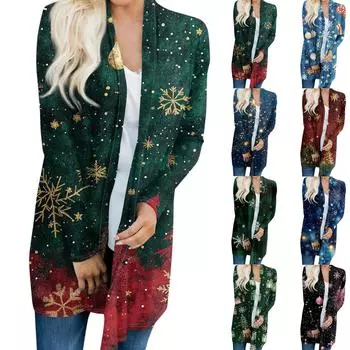 Женский модный и повседневный рождественский принтованный кардиган средней длины с длинными рукавами L