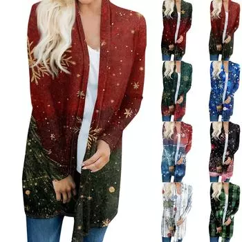 Женский модный и повседневный рождественский принтованный кардиган средней длины с длинными рукавами XXXXL синий