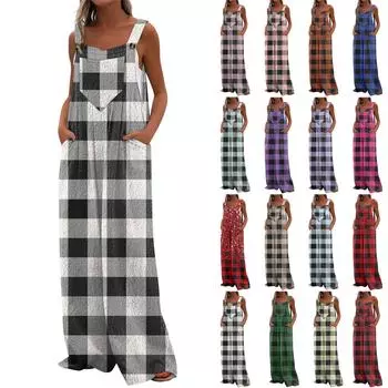 Женский модный и повседневный свободный фланелевый комбинезон с карманами и принтом L чёрный