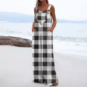 Женский модный и повседневный свободный фланелевый комбинезон с карманами и принтом S красный