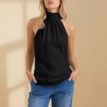 Женский модный и повседневный топ без рукавов однотонный сексуальный с открытой спиной XL чёрный