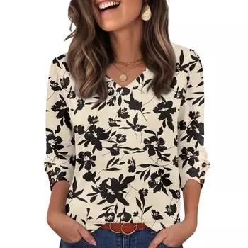 Женский модный и повседневный топ с цветочным принтом и V-образным вырезом L
