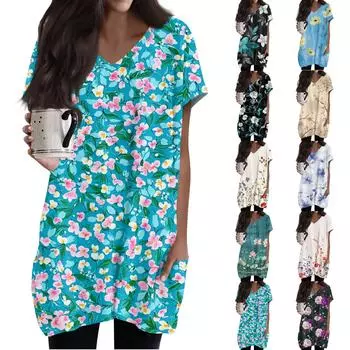 Женский модный и повседневный топ с V-образным вырезом, цветочным принтом, средней длиной, карманом и короткими рукавами XXL фиолетовый