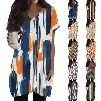 Женский модный и повседневный топ с V-образным вырезом, цветочным принтом, средней длиной, карманом и короткими рукавами XXL чёрный