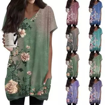 Женский модный и повседневный топ с V-образным вырезом, цветочным принтом, средней длиной, карманом и короткими рукавами L