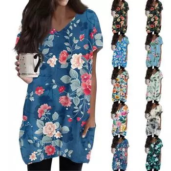 Женский модный и повседневный топ с V-образным вырезом, цветочным принтом, средней длиной, карманом и короткими рукавами S синий