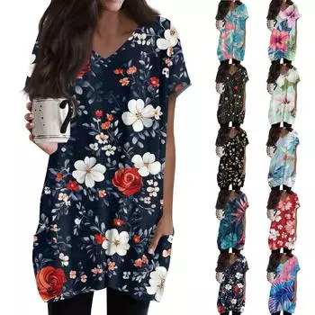 Женский модный и повседневный топ с V-образным вырезом, цветочным принтом, средней длиной, карманом и короткими рукавами XXL