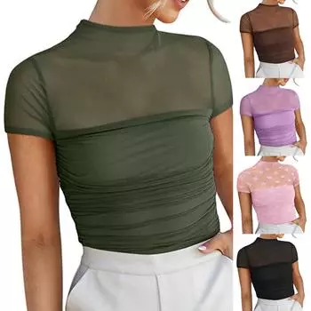 Женский модный и повседневный топ с высоким воротом, двухслойный, с сеткой, с короткими рукавами, топ с короткими рукавами L армия зеленый