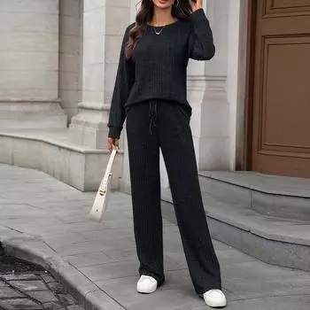 Женский модный и удобный трикотажный комплект для отдыха с круглым вырезом, длинными рукавами и брюками с начесом L чёрный