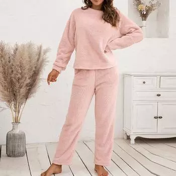 Женский Модный И Зимний Комплект Свободный Повседневный Домашний Костюм Двусторонний Плюшевый Двойка S розовый