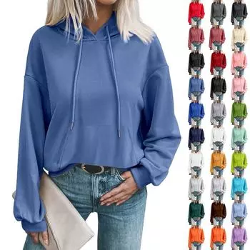 Женский модный и зимний однотонный повседневный свободный свитер с длинными рукавами и капюшоном XL светло-розовый