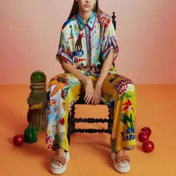 Женский модный индивидуальный атласный набивной костюм с коротким рукавом для отдыха на каждый день S