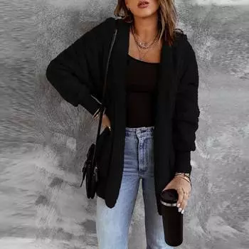 Женский модный кардиган, однотонный плюшевый топ с длинными рукавами L чёрный