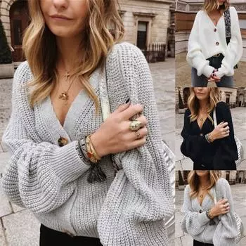 Женский модный кардиган, однотонный вязаный теплый свободный свитер на пуговицах с V-образным вырезом XL чёрный