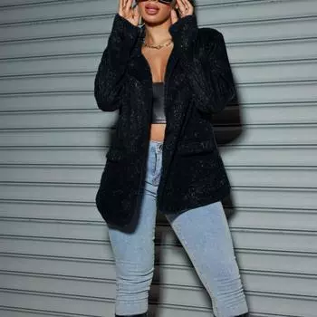Женский модный кардиган с лацканами и длинным рукавом, яркий блестящий повседневный пиджак XXL чёрный