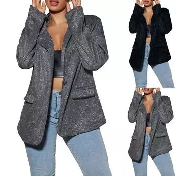 Женский модный кардиган с лацканами и длинным рукавом, яркий блестящий повседневный пиджак XXL чёрный