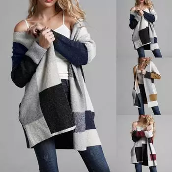 Женский модный клетчатый свитер большого размера, свободный вязаный свитер, куртка XXL верблюд