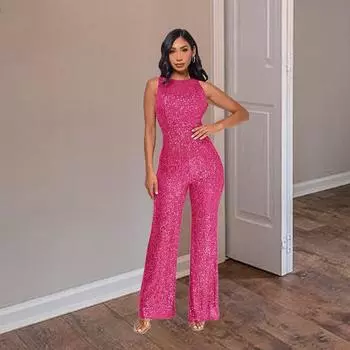 Женский модный комбинезон без рукавов с круглым вырезом и высокой талией с пайетками S шампанского