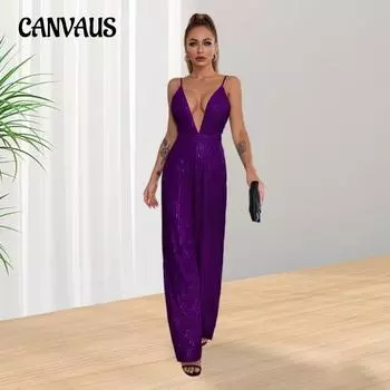 Женский модный комбинезон Hottie Deep V Backless Sequin без рукавов с бретелькой через шею S чёрный