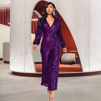 Женский модный комбинезон Hottie с длинным рукавом и глубоким V-образным вырезом и поясом с пайетками S розы красного