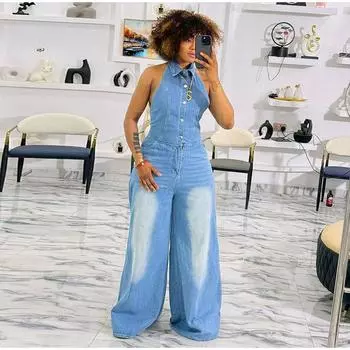 Женский модный комбинезон из денима синего цвета без рукавов с открытыми спинками и карманами, однобортный женский летний комбинезон High Street 2025 года, весна-лето M королевский синий