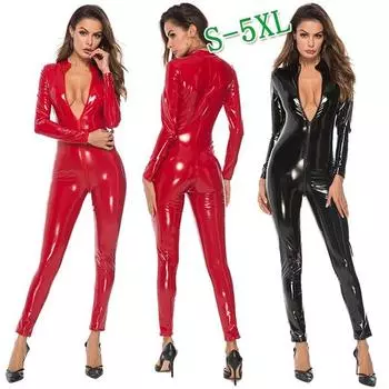 Женский модный комбинезон из кожи с длинными рукавами из ПВХ-латекса, с застежкой-молнией спереди, с открытым шаговым швом, эластичный клубный комбинезон XXXXL