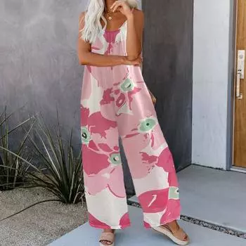 Женский модный комбинезон на бретельках с принтом, длинный комбинезон без рукавов для отдыха, женская одежда XXL розовый