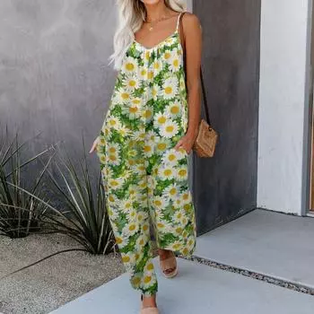 Женский модный комбинезон на бретельках с принтом ромашки для отдыха, длинный комбинезон без рукавов, женская одежда XXL зелёный