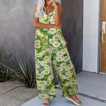 Женский модный комбинезон с цветочным принтом ромашки, свободные повседневные комбинезоны, длинные комбинезоны XXL зелёный
