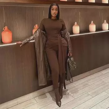 Женский модный комбинезон с длинными рукавами, круглым вырезом, шнуровкой и металлической пряжкой S темно-коричневого