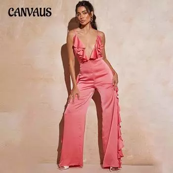 Женский модный комбинезон с открытой спиной и широкими штанинами для пожилых людей с глубоким V-образным вырезом и оборками по бокам S арбуз красный