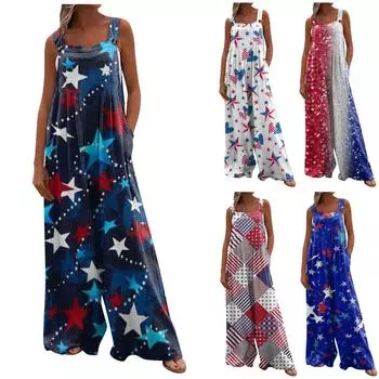 Женский модный комбинезон с принтом на День независимости, длинные брюки, повседневный комбинезон с карманом и нерегулируемым ремнем L синий