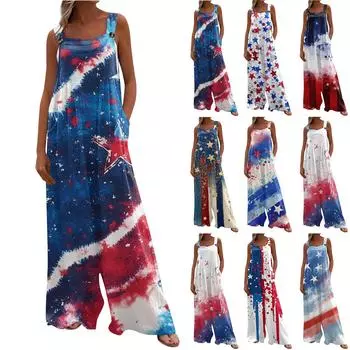 Женский модный комбинезон с принтом, повседневный свободный винтажный комбинезон с карманами M синий