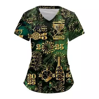 Женский модный комбинезон с V-образным вырезом, короткими рукавами и карманами 2025 года с рождественским принтом L