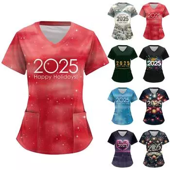 Женский модный комбинезон с V-образным вырезом, короткими рукавами и карманами 2025 года с рождественским принтом M розовый