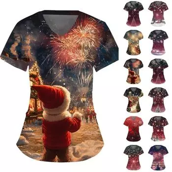 Женский модный комбинезон с V-образным вырезом, короткими рукавами и карманами 2025 года с рождественским принтом XXXL фиолетовый