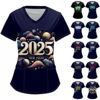 Женский модный комбинезон с V-образным вырезом, короткими рукавами и карманами 2025 года с рождественским принтом S