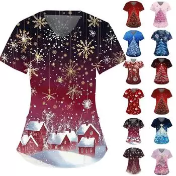 Женский модный комбинезон с V-образным вырезом, короткими рукавами и карманами 2025 года с рождественским принтом L