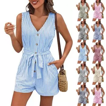 Женский модный комбинезон со шнуровкой и V-образным вырезом, повседневные цельные шорты без рукавов в полоску XL красный