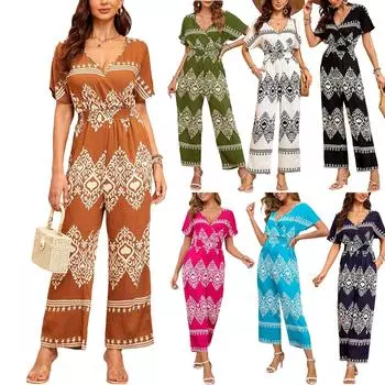 Женский модный комбинезон в стиле ретро с V-образным вырезом, короткими рукавами и эластичной талией в стиле бохо S