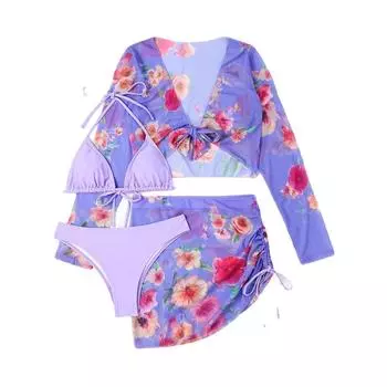 Женский модный комплект бикини из 4 предметов с цветочным принтом, комплект купальников с лямкой на шее, топ с открытой спиной, трусы с длинными рукавами, накидки на шнуровке, купальник, сексуальный купальный костюм S